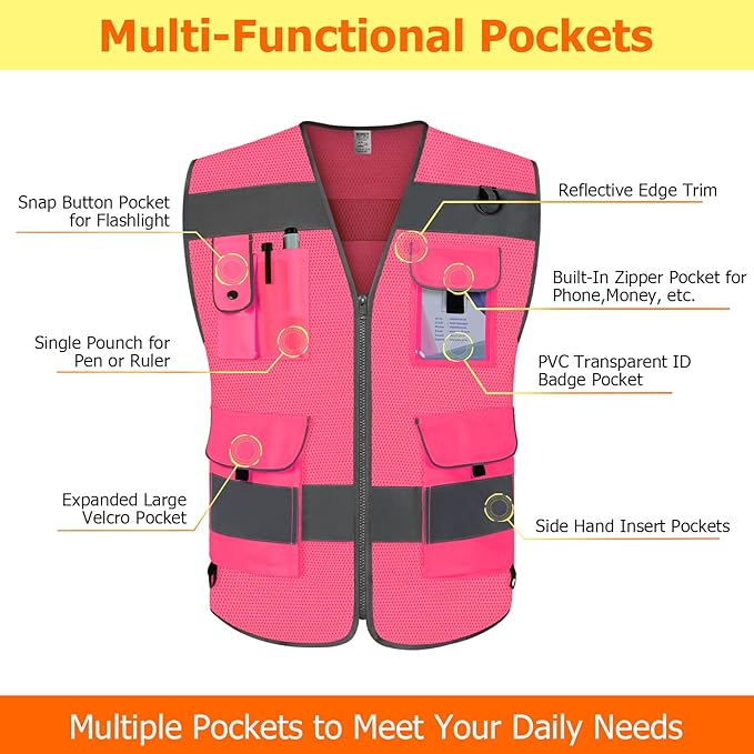 TCCFCCT Mesh Reflective Safety Vest 9 Pockets High Visibility Vest for Men Women, Hi Vis Reflective Work Vest for Safety, Meets ANSI/ISEA Standards, (Pink, XX-Large)
