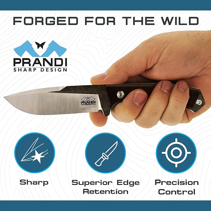 Prandi Cortel Traditional Fixed Blade Knife – Bushcraft Full Tang Survival Knife with Handmade Leather Belt Sheath for Hunting, Camping, Tactical, and Outdoor Field Use – AISI420MoV Steel – 3.076.T