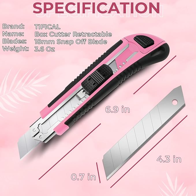 3-Pack Box Cutter, 18mm Wide Blade Utility Knife Retractable, Pink Box Cutter with Quick Change Blade and Lanyard Hole Design, Exacto Knife Suitable for DIY, Office, Arts Crafts and Home