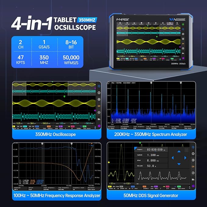 FNIRSI DPOS350P 4-in-1 Tablet Oscilloscope 350MHz, Spectrum Analyzer 200KHz - 350MHz, Frequency Response Analyzer DDS Generator, 2CH Handheld Oscilloscope 1 GSa/s, 7" Touch Screen Digital Phosphor