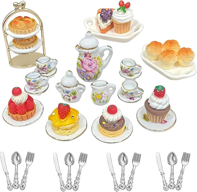 1:12 Miniature Dollhouse Porcelain Tea Cup Set 42 pcs, Kitchen Accessories by Cyraft