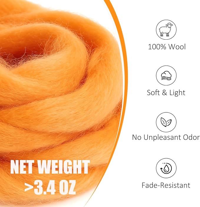 3.4oz Felting Wool Sun Orange, Needle Felting Wool, Wool Roving - Image 2