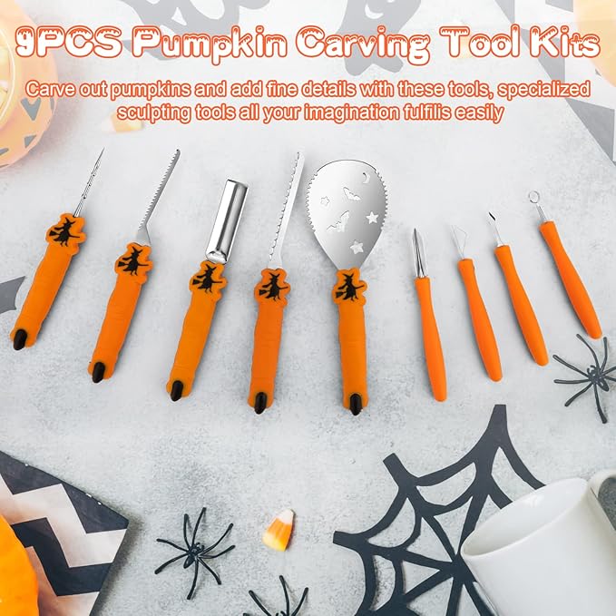 Pumpkin Carving Kit Tools Halloween, Professional Heavy Duty Carving Set, Stainless Steel Sculpting Tool Carving Knife for Halloween Decoration Jack-O-Lanterns, Gift for Halloween(9PCS)