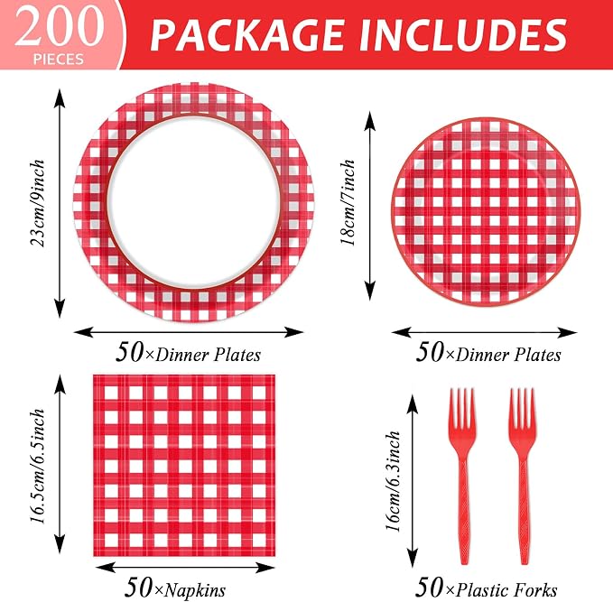 Naozinebi 200pcs Red and White Plates Napkins Checkered Plaid Paper Tableware - Image 2