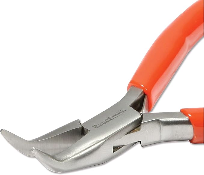The Beadsmith Slim Line Bent Chain Nose Pliers, 4.75 inches (120mm) with polished steel head, red PVC comfort grip handle with double-leaf spring, tool for jewelry making