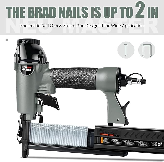 NEU Master Pneumatic Brad Nailer, 2 in 1 Nail Gun Staple Gun Fires 18 Gauge 2 Inch Brad Nails and Crown 1-5/8 inch Staples with Carrying Case and Safety Glasses (Need Air Compressor)