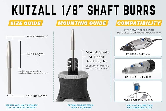 Kutzall Extreme Taper Rotary Burr, 1⁄8" Shaft, Very Coarse - Wood Carving Bit for Dremel, Foredom, DeWalt, Milwaukee. Abrasive Tungsten Carbide, 1⁄8" (3.1mm) Dia. X 7⁄8" (22.2mm) Length TX-18-EC