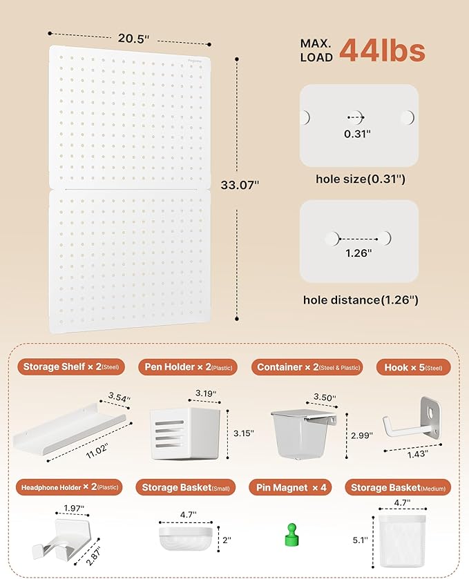 Pegboard Wall Organizer Combination Kit,Overall 33.1"x20.5" Metal Office Pegboard with 19 Accessories, Wall Mounted Peg board Display Panels for Home, Gaming Room, Garage (2Pcs,White)