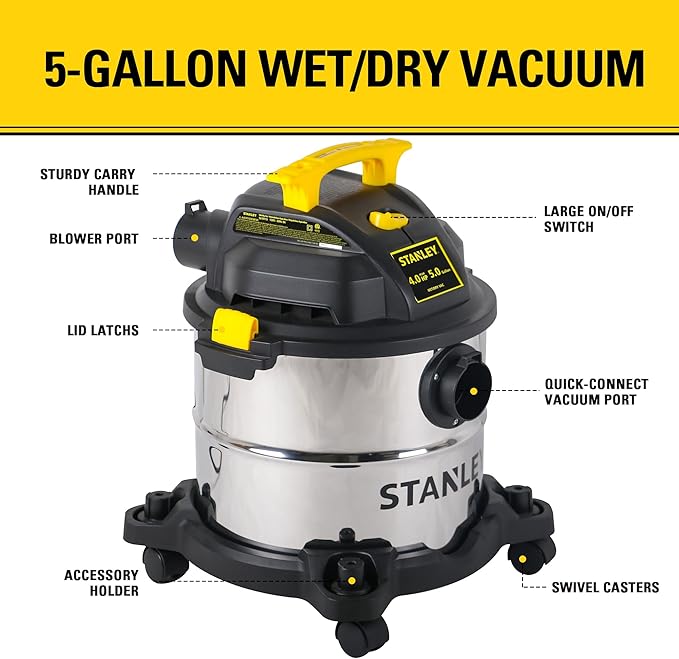 STANLEY Wet Dry Vac, 5 Gallon Portable Shop Vacuum Wet/Dry, 4 Horsepower, Stainless Steel Tank, 4.0 HP, Silver+Yellow, SL18115