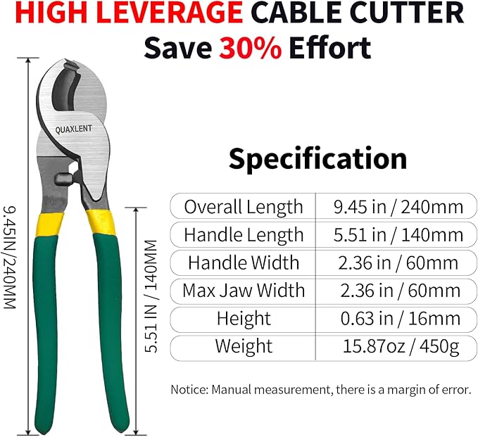 10 Inch Large Cable Cutter Heavy Duty High Leverage Big Wire Cutting Plier Tool for 4/0 Aluminum 2/0 Soft Copper and 100PR 24AWG Comm Cable, Green