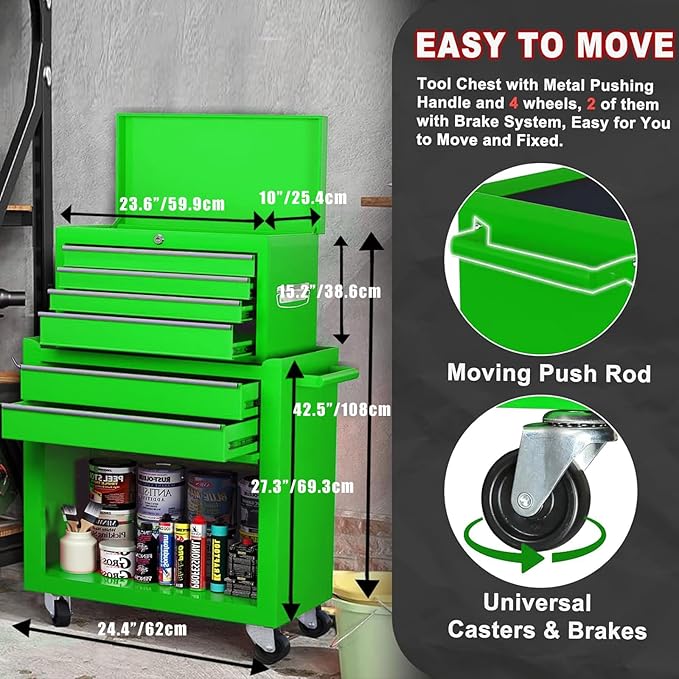 8-Drawer Rolling Tool Chest, 2-in-1 Tool Box Organizer with Lockable Wheels, Sliding Drawers, and Detachable Top, Garage Workshop Tool Storage Cabinet, Green