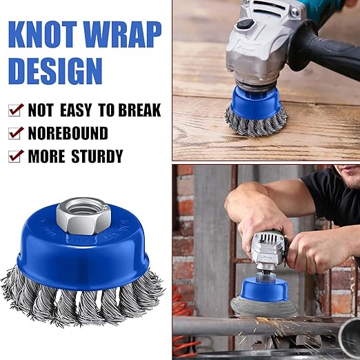 Tandefio 24 Pcs Wire Wheel Brush Wire Wheels with 5/8 -11 Threaded Arbor for 4 1/2 Angle Grinder Knotted Wire Cup Brush for Heavy Cleaning Rust Removal (Blue,3 Inch)
