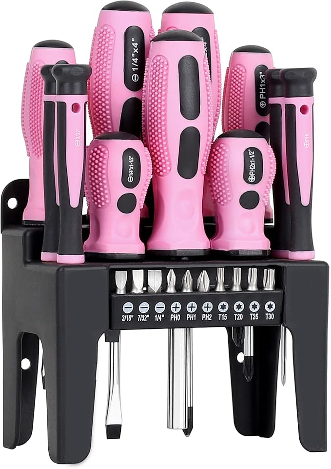 FASTPRO 21-Piece Magnetic Screwdrivers Set with Organizer Rack, Slotted Phillips Screwdrivers and Precision Screwdrivers, Repair Tool Kit for Women, Pink