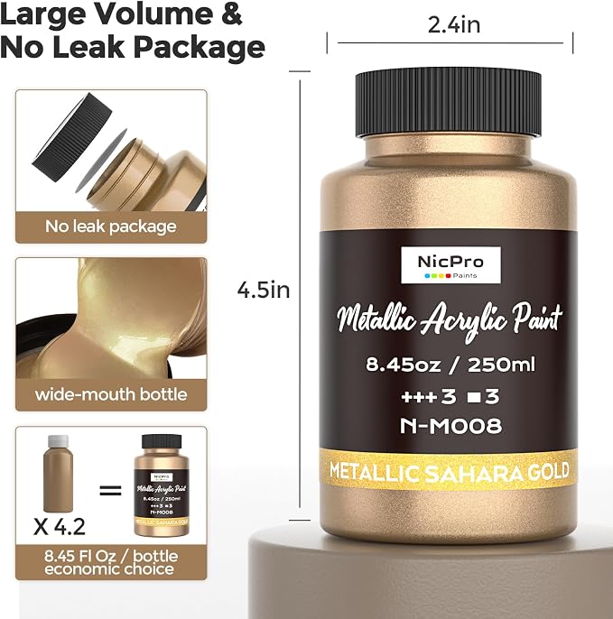 Nicpro Metallic Sahara Gold Acrylic Paint, 8.45oz/250ml Gold Leaf Paint | Large - Image 3