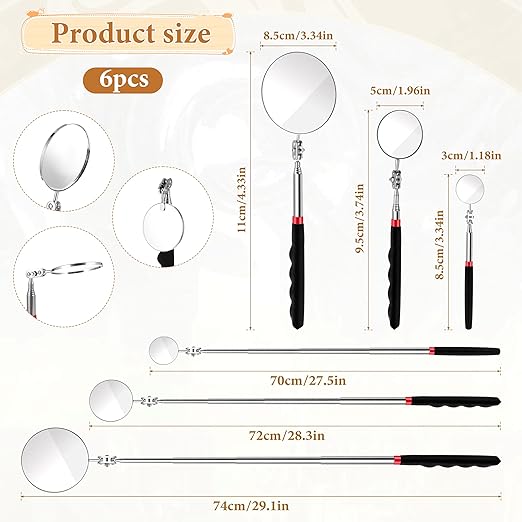6Pcs Telescoping Mirror, Stainless Steel Extendable Inspection Mirror Telescoping, Telescoping Inspection Mirrors with Long Handle Tool for Technicians, Mechanics, Contractors (Black, Round)