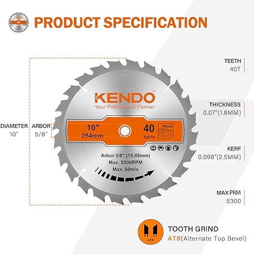 KENDO 1-Pack 10 Inch 40T Carbide-Tipped Circular Saw Blade with 5/8 Inch Arbor, Professional ATB Finishing Woodworking Miter/Table Saw Blades for Plywood, Laminate, Ripping Wood