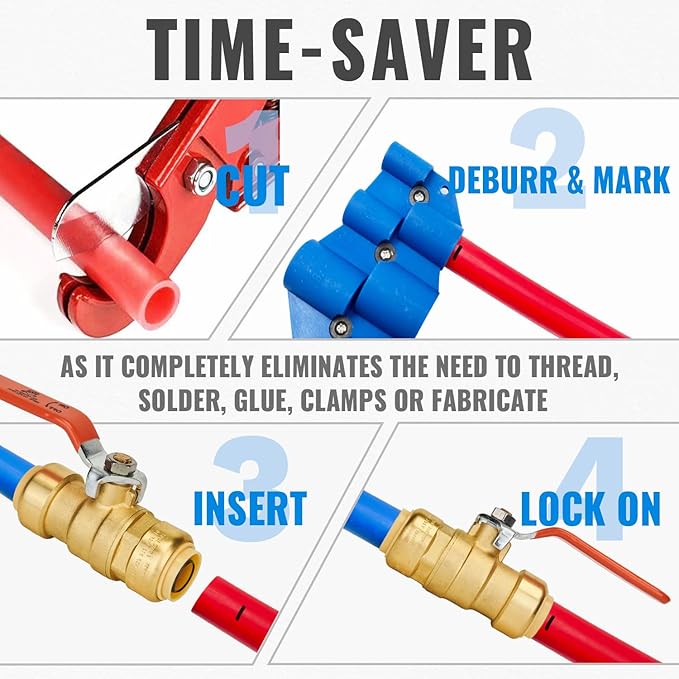 SUNGATOR 3/4 Inch Ball Valve, 3/4" Shut Off Valve, No Lead Brass Push-to-Connect Plumbing Water Shutoff for PEX Pipe, Copper, CPVC, PE-RT, with 1 Disconnect Clip, Pack of 6