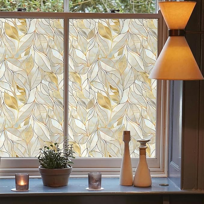 Peal Yellow Gold Leaf Stained Glass Window Films Decorative Double-Side Privacy - Image 3