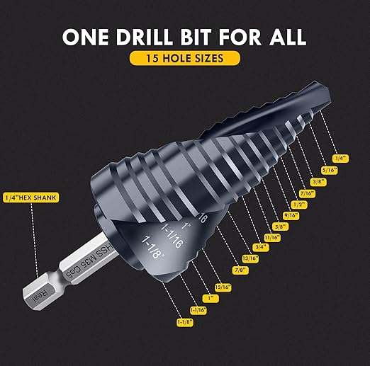 Spiral Flute Cobalt Step Drill Bit M35,Hex Shank Unibit for Metal, Stainless Steel (1/4"-1-1/8")