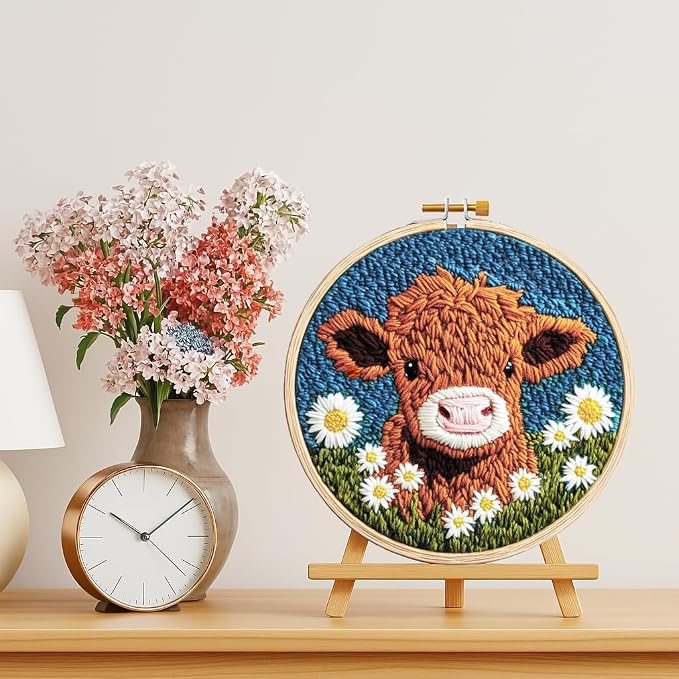 Minlend DIY Punch Needle Kit for Beginners – Highland Cow & Daisies Embroidery - Image 5