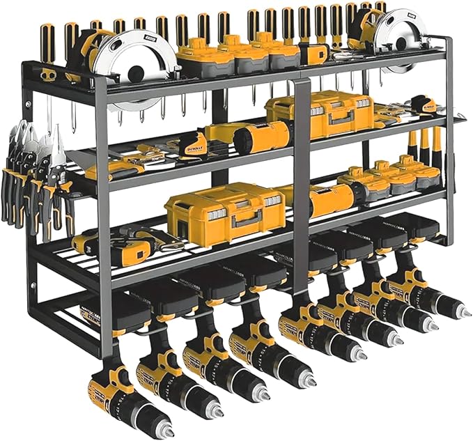 Power Tool Organizer Wall Mount：Heavy Duty Drill Holder Rack with 8 Slots, 4-Tier Metal Tool Shelf for Garage Storage, Workshop, DIY(32inch)