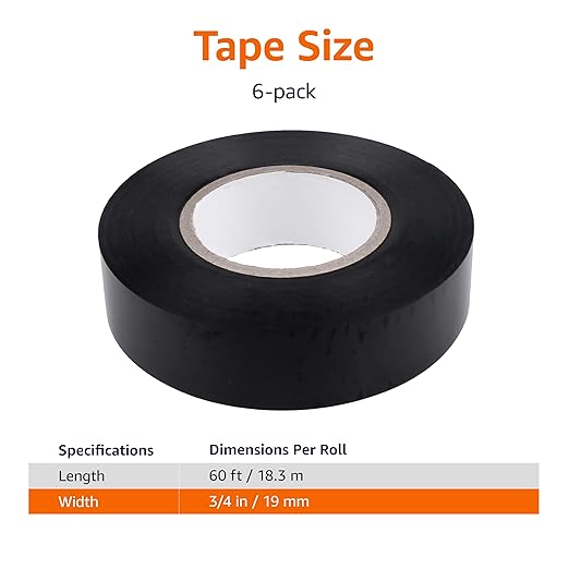 Amazon Basics Electrical Adhesive Tape, for Home DIY, Repairs, Electrical, Automotive and Equipment, 6-Pack, 3/4-inch by 60-feet, Black