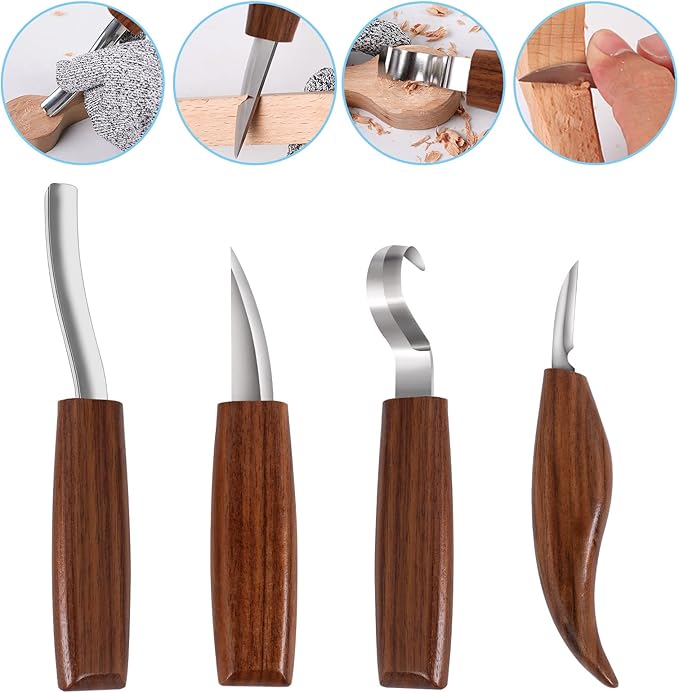 Wood Carving Tools Set,Detail and Hook Carving Knife Kit for Beginners,Trimming Knife for Spoon Bowl Cup Woodwork,Round Handle Design and 6pcs SK2 Carbon Steel Wood Carving Knives（10pcs）