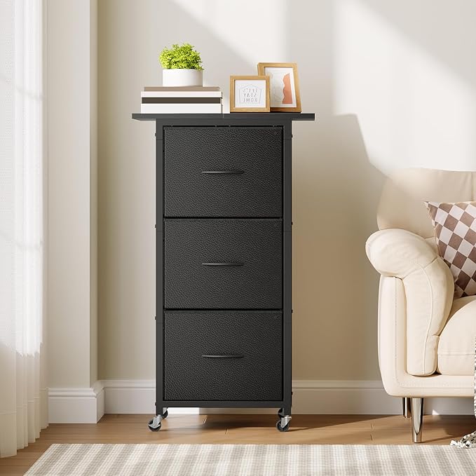 3 Drawer File Cabinet, Vertical Filing Cabinet with Wheels, Printer Stand with File Cabinet, Adjustable Hanging Rods, fits A4/Letter Size, for Home Office, Black FCBK5901