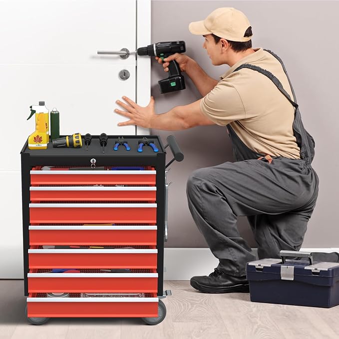 7-Drawer Rolling Tool Chest,Metal Rolling Tool Chest with Wheels and Locking Tool Box,Portable Metal Tool Box for Warehouse,Garage, Repair Shop, Workshop (Blackred, 7-Drawer)