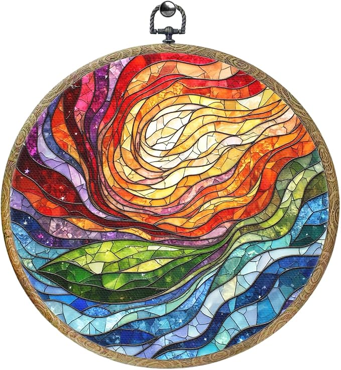 Colorful Boho Rainbow Geometric Spiral Sun Art Gift Framed Round Wall Decor by Unknown