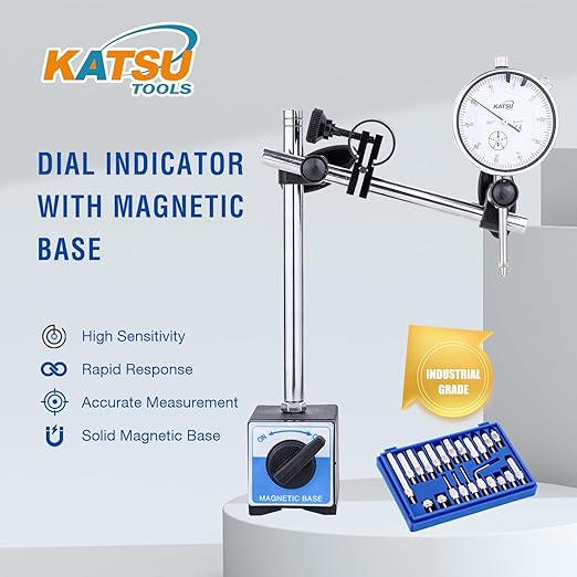 KATSU Tools Dial Indicator with Magnetic Base and 22 Pieces Indicator Points Set, 0-1.0" Tester Gauge, 0.001" Precision, Fine Adjustment, Measuring Toolkit in Storage Case 401111