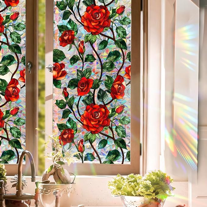 Retro Flower Window Privacy Film, Stained Glass Decals Chinese Red Rose Privacy - Image 5