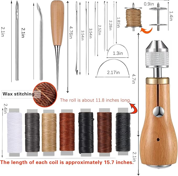 Maeysiph Sewing Awl Kit, Portable Stitching Awl Tool, with Instructions Tape Measure Screw Driver Leather Stitching Needles Wax Wire, Leather Repair Kit for Furniture 25 Pcs for Sewing DIY Craft