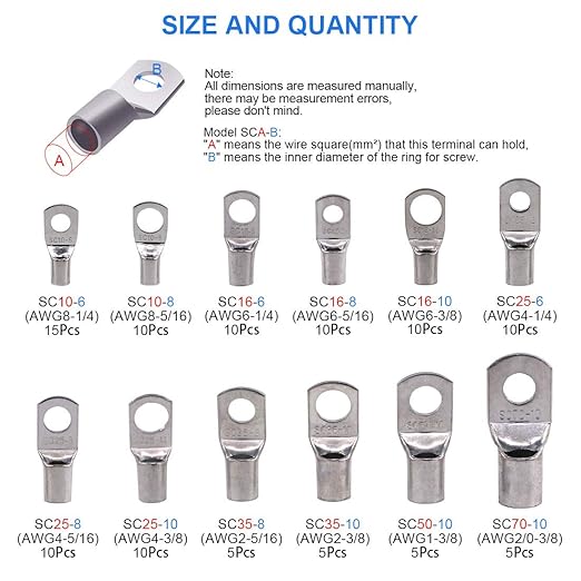 Glarks 105Pcs 12 Type Heavy Duty Wire Lugs Battery Cable Tinned Copper Eyelets Tubular SC Ring Terminals Connectors with Spy Hole Assortment Kit