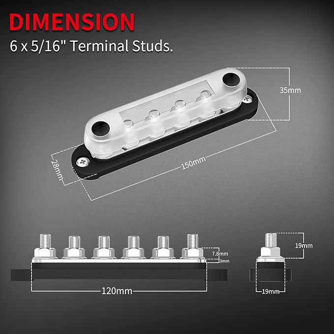 DAIERTEK 12V Bus Bar 6 x 5/16" (M8) Terminal Studs 12 Volt Power Distribution Block with Cover Battery Bus Bar 12V - 48V Positive & Negative for Automotive Car Boat Solar System