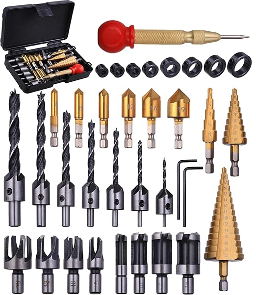 34 Pack Wood Working Chamfer Drilling Tools, 6 Countersink Drill Bit Set, 7 Counter Sinker Drill Bit Set, 8 Plug Cutters for Wood, 8 Drill Stop Bit Collar Set and 3 Step Drill Bits.