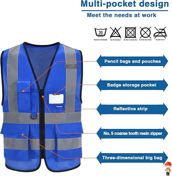 A-SAFETY Blue High Visibility Vest Reflective Safety Vest,Hi Vis Bright Neon Color with 4 Reflective Strips 7 Pockets,XXXL