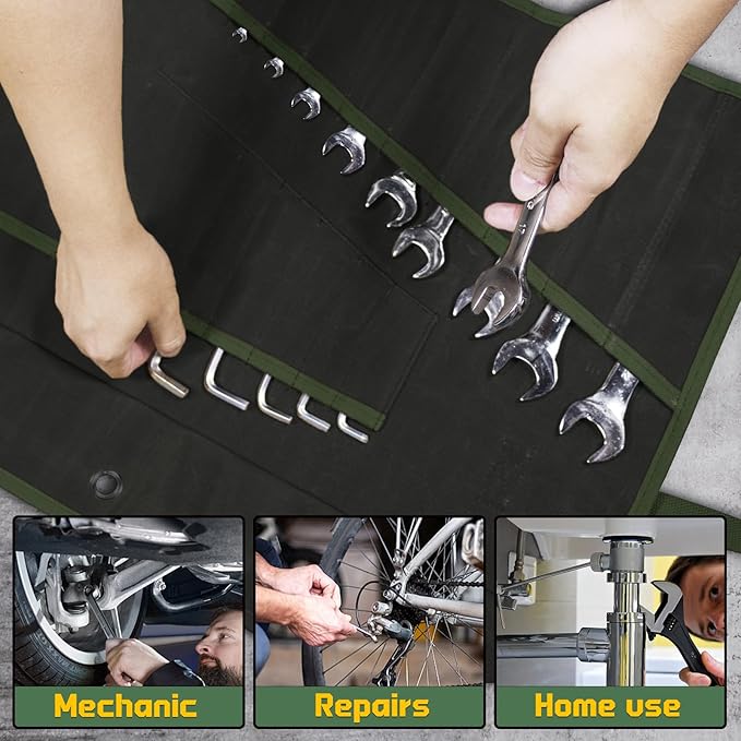 Heavy-Duty 32-Pocket Wrench Roll-Up Organizer - Made with 16 oz. Waxed Canvas, Fits Metric & SAE Wrenches, Perfect for Mechanics, DIYers, and Tool Storage (Army Green)