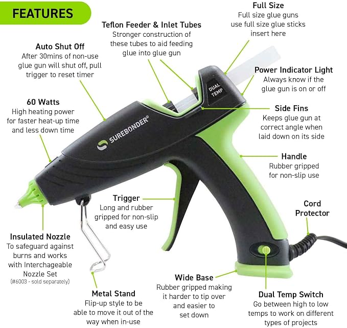 Surebonder Auto Shut Off Hot Glue Gun, Dual Temperature, Full Size, 1.5X Power - Image 3