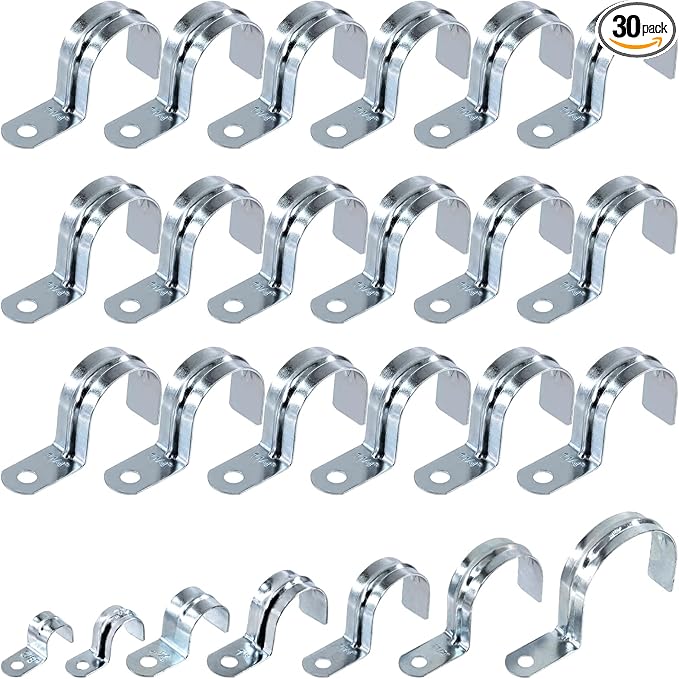 Swpeet 30Pcs 1-1/2"(40mm) Zinc Plated One Hole EMT Pipe Strap Kit, Pipe Straps U Bracket Tube Strap Pipe Clamp 1 Hole Snap On Pipe Strap Conduit Clamps Tension Clips for Fixing EMT Conduit Pipe