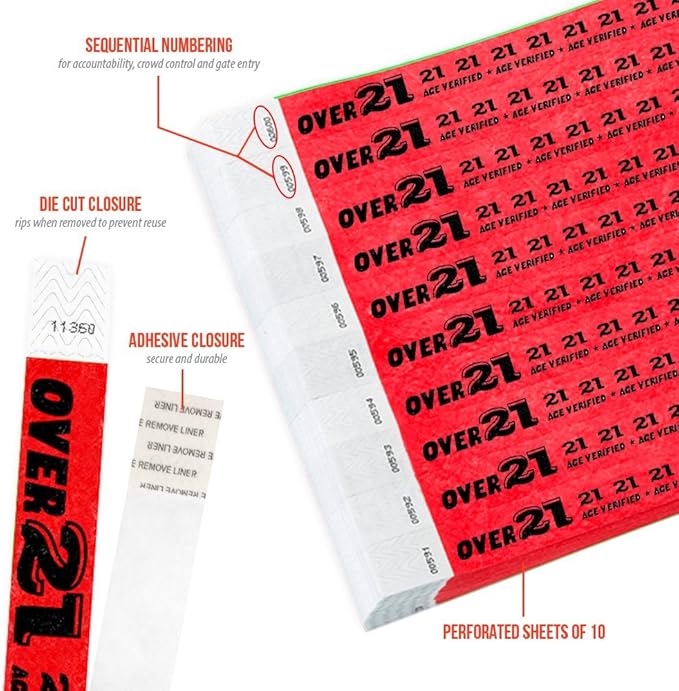 500 WristCo Over 21 Neon Red Tyvek Wristbands for Events - ¾” x 10” - Waterproof Recyclable Comfortable Tear Resistant Paper Bracelets Wrist Bands for Concerts Festivals Admission Party
