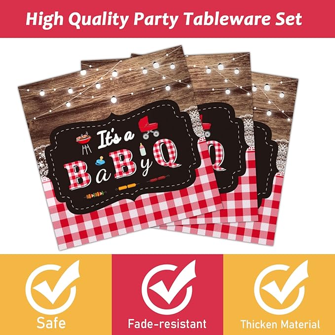 Tevxj 96 PCS BBQ Baby Shower Plates Napkins BabyQ Party Tableware It’s A Baby Q - Image 3
