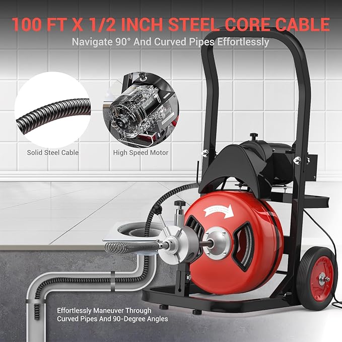 Drain Cleaning Machine 100Ft 1/2 Inch Cable, 450W Auto Feed Portable Electric Sewer Snake, Electric Drain Auger with 6 Cutter Air-Activated Foot Switch for 2" to 4" Pipes