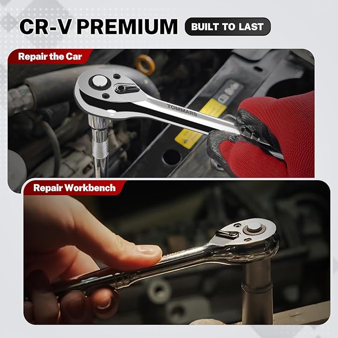 TOMMARS Ratchet Set 1/4" 3/8" 1/2" Drive Ratchet Socket Wrench Kit 72-Tooth Quick-Release Reversible, Cr-V Alloy Steel