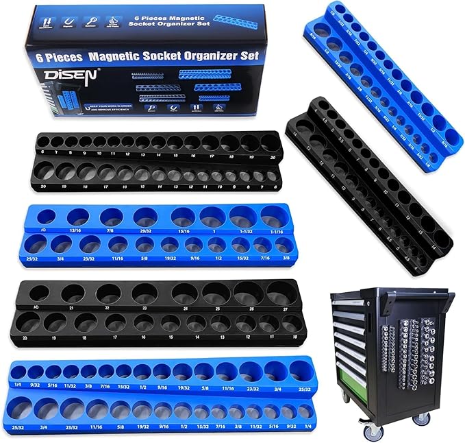 DISEN Magnetic Socket Organizer Set 6PCS Socket Holder Holds 150 Pieces 1/4", 3/8", 1/2" Drive Metric & SAE Socket Trays for Tool Box Drawer (Socket not Included)