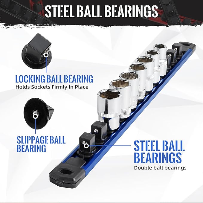 Magnetic Socket Organizer, 3-Piece Heavty Duty Aluminum Socket Holder, Socket Rail for Tool Box, Premium Quality 360° Swivel Socket Rack Kit with 40 Clips for 1/2, 3/8, 1/4-Inch(Blue)