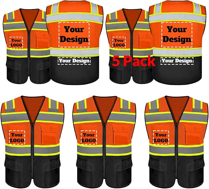 Safety Vest Customize Logo with 5 Pockets & Zipper Reflective High Visibility Vest Class 2 Outdoor Workwear