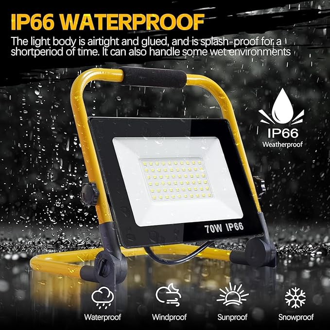 7000LM LED Work Light 5ft Cord with Plug,with Individual Switch.Portable,IP66 Waterproof with a stand.For camping,garage, car repair, workshop and job sites.Great for replacing old halogen work lights