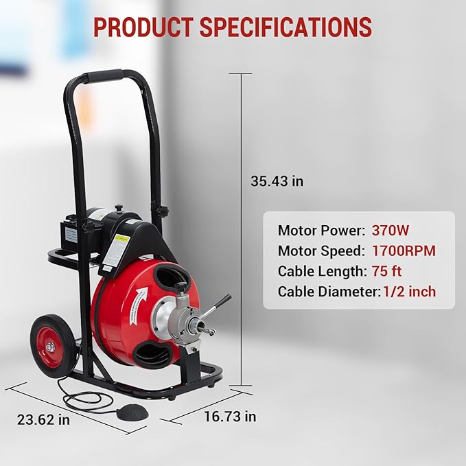 Auto Feed 75 FT x 1/2 Inch Drain Cleaner Machine with 370W Motor, Portable Sewer Snake Auger with 8 Cutters & Air-activated Foot Switch, Fits 1" to 4" Pipes, Black & Red