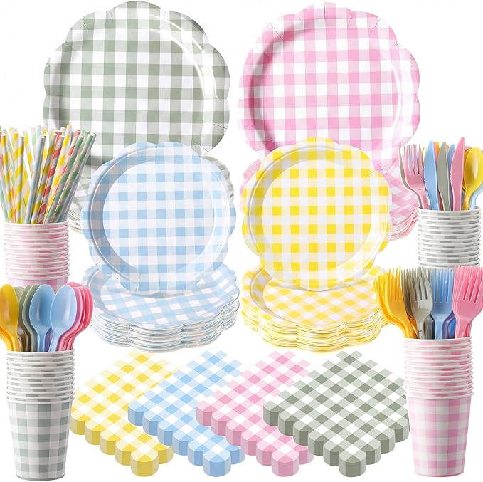 450 Pcs Gingham Tableware Set Decorations Pastel Plaid Paper Plates Napkins by Unknown